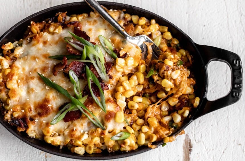Korean corn cheese with bacon and scallions.