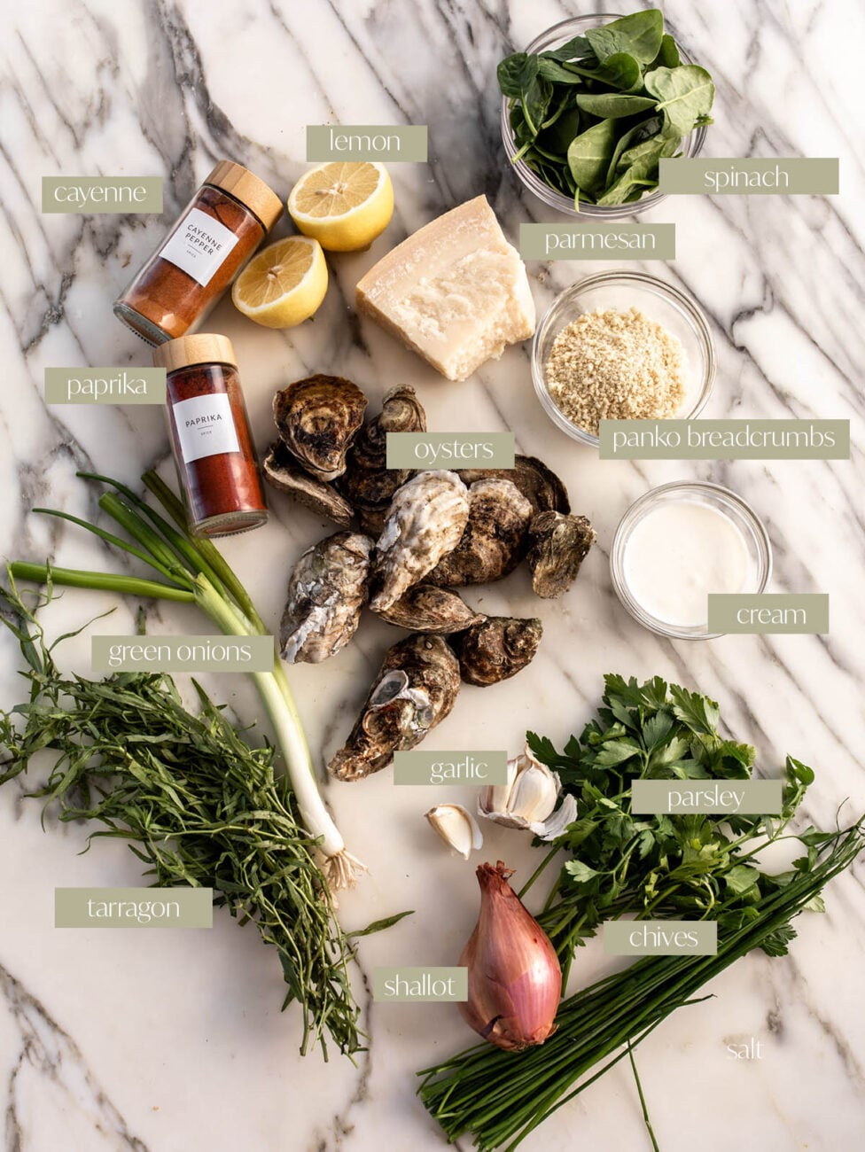 oysters rockefeller labeled ingredients for recipe.