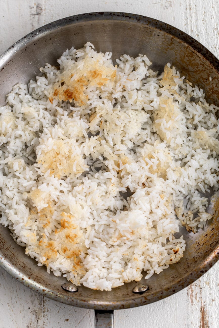 fried crispy rice in pan.