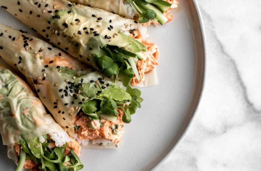 Baked Spicy Salmon Hand Rolls in soy paper.
