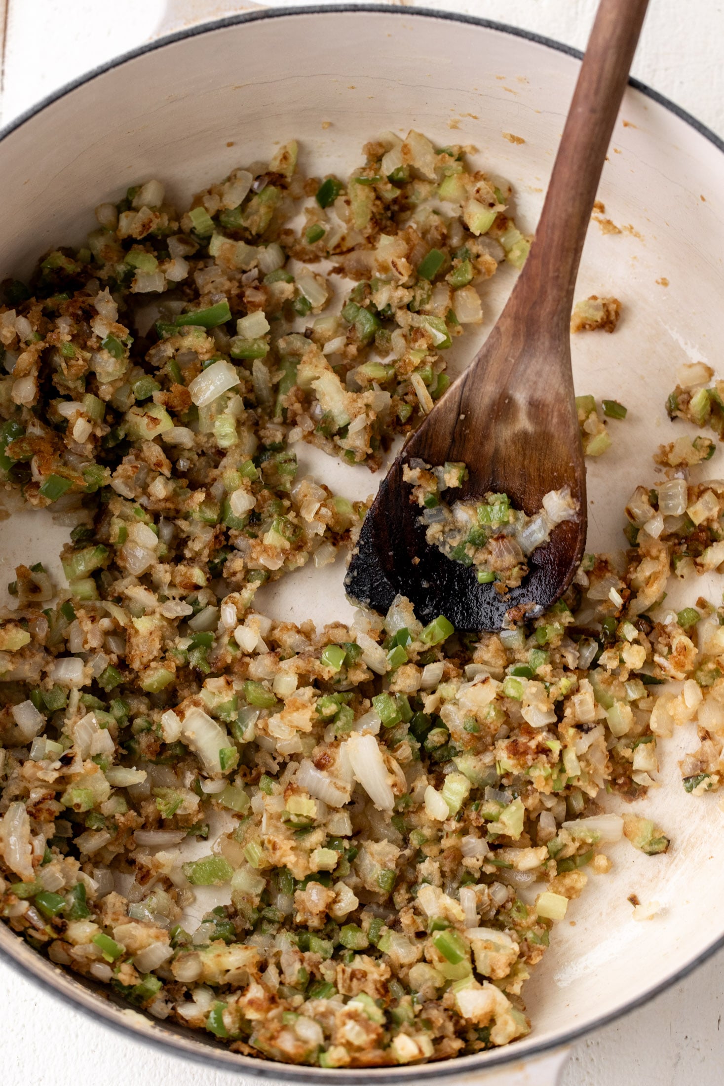 sautéed holy trinity of onion, celery and green bell pepper in roux.