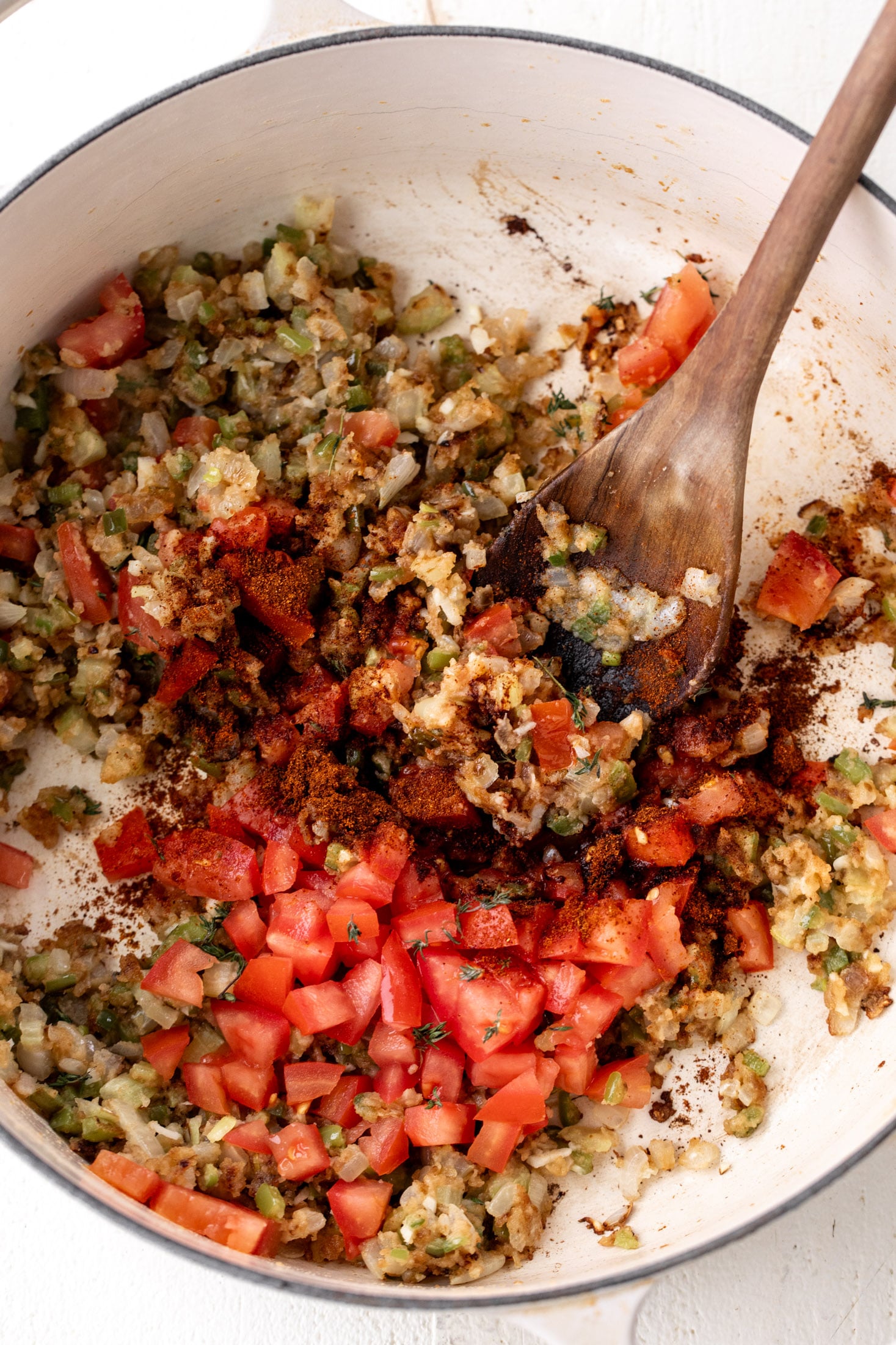 crawfish etouffee base of vegetables with tomatoes and garlic.