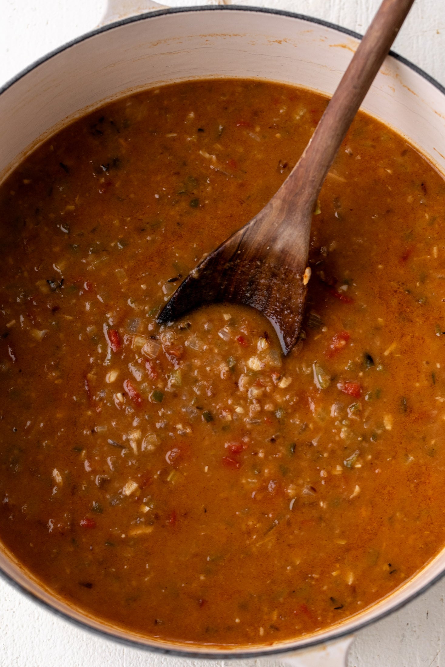 simmered crawfish etouffee in pot.