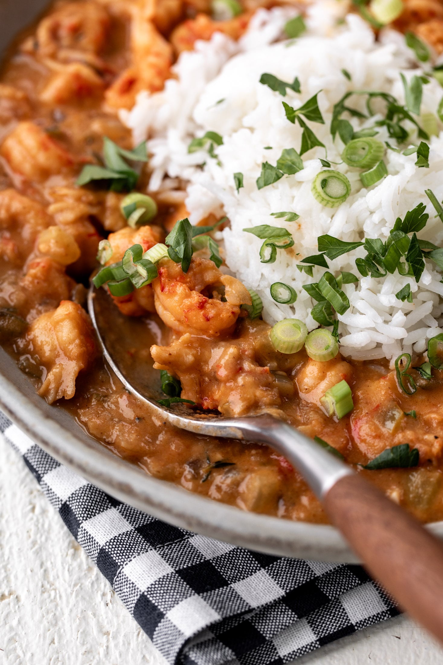 spoon of Crawfish Etouffée with rice and green onions.