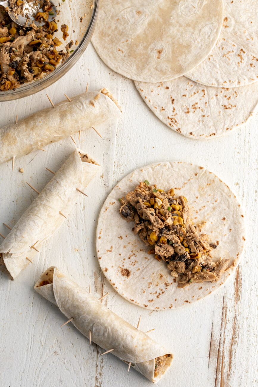 how to fill flautas and secure with toothpicks.