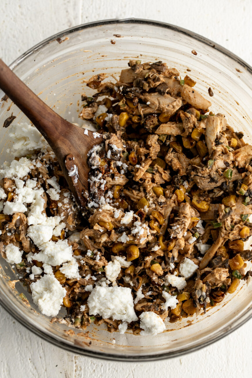 chicken flauta with mushroom and corn filling. 