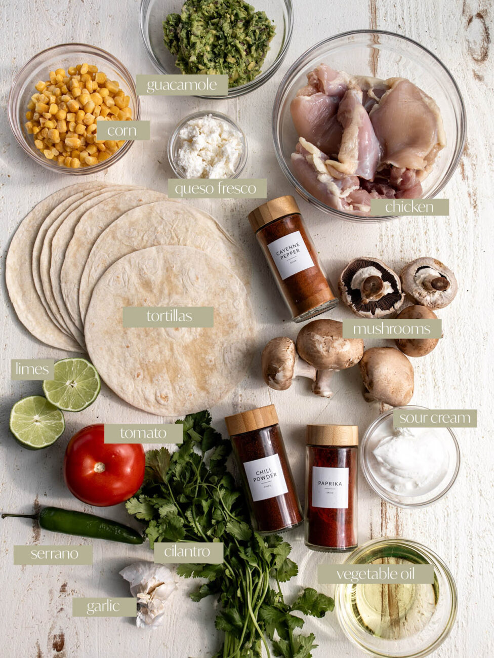 chicken flautas with mushrooms and corn labeled ingredient flatlay.