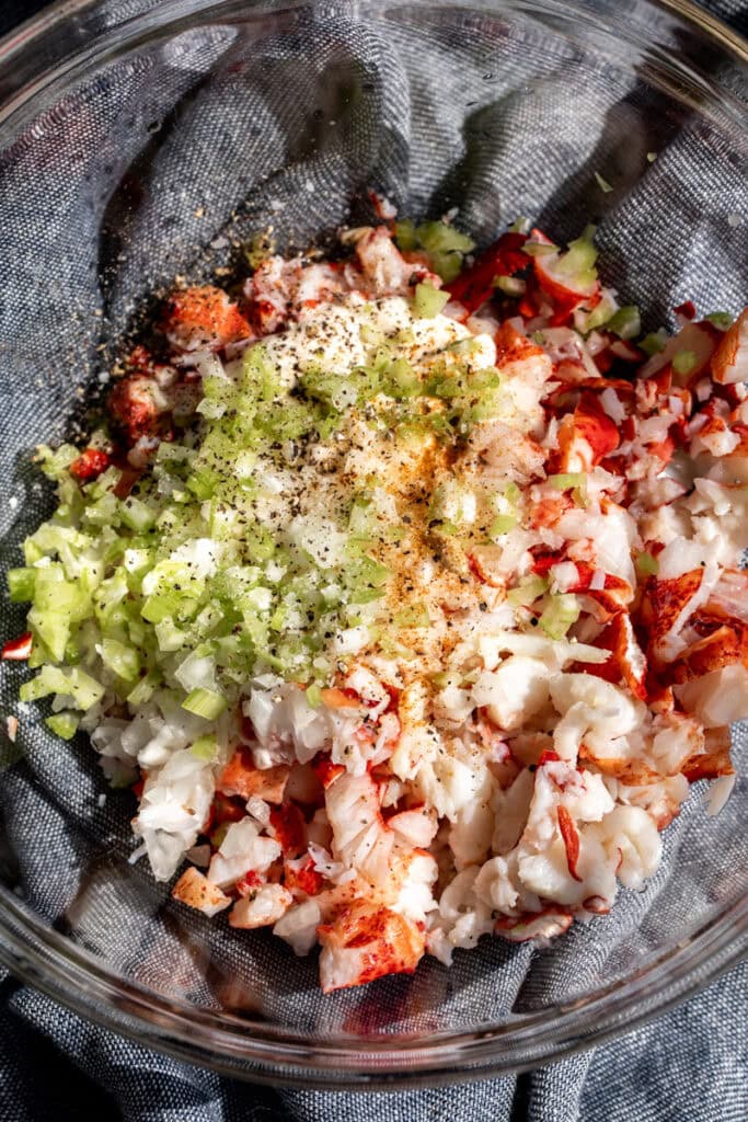 lobster salad ingredients in mixing bowl.