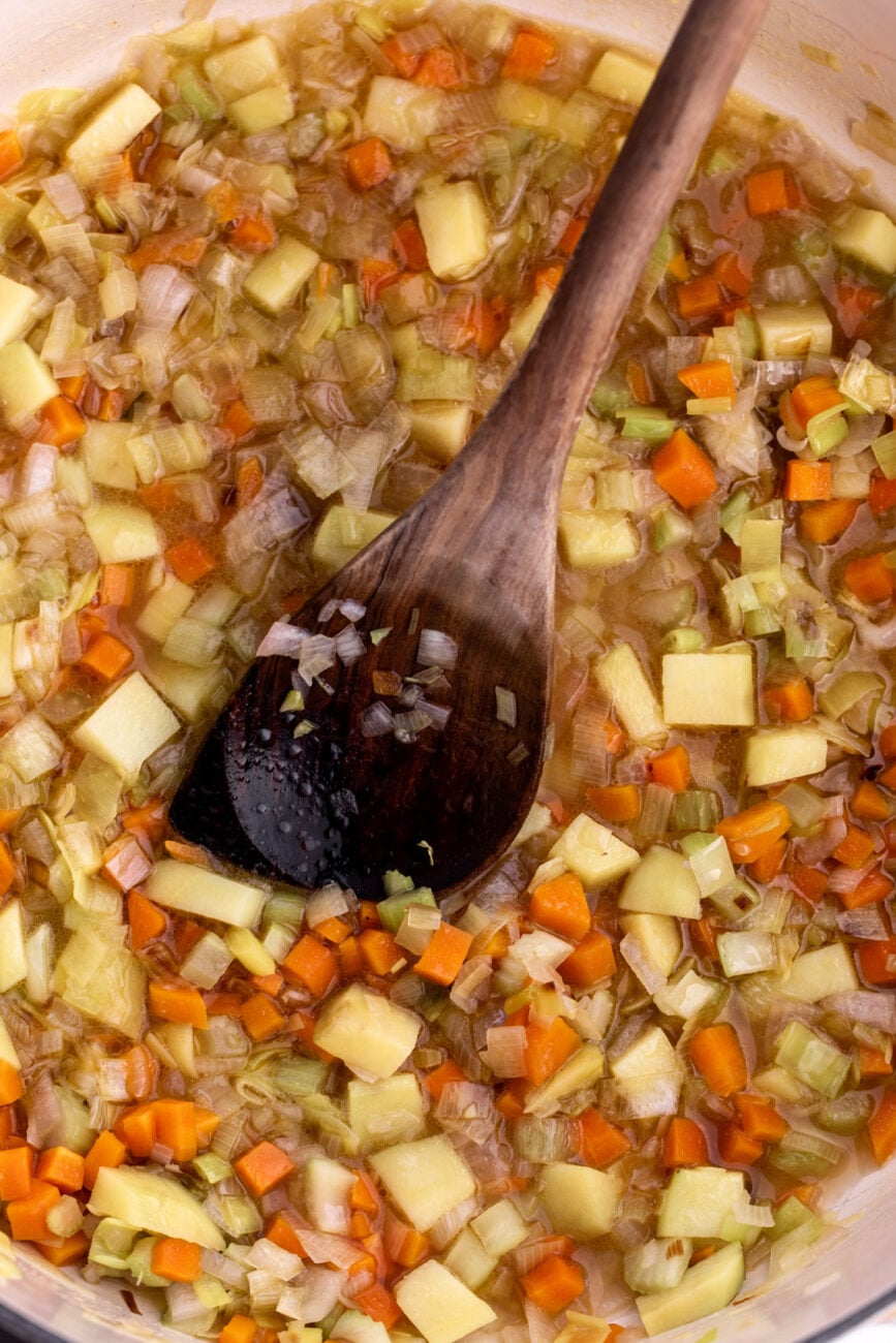 sautéed pot pie vegetables with sherry reduced. 
