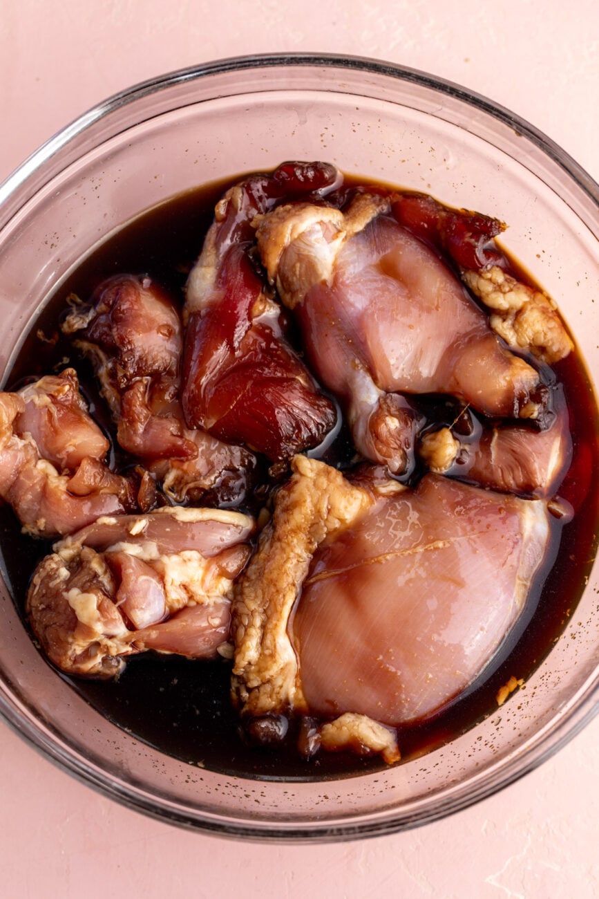 marinated chicken thighs in teriyaki sauce.
