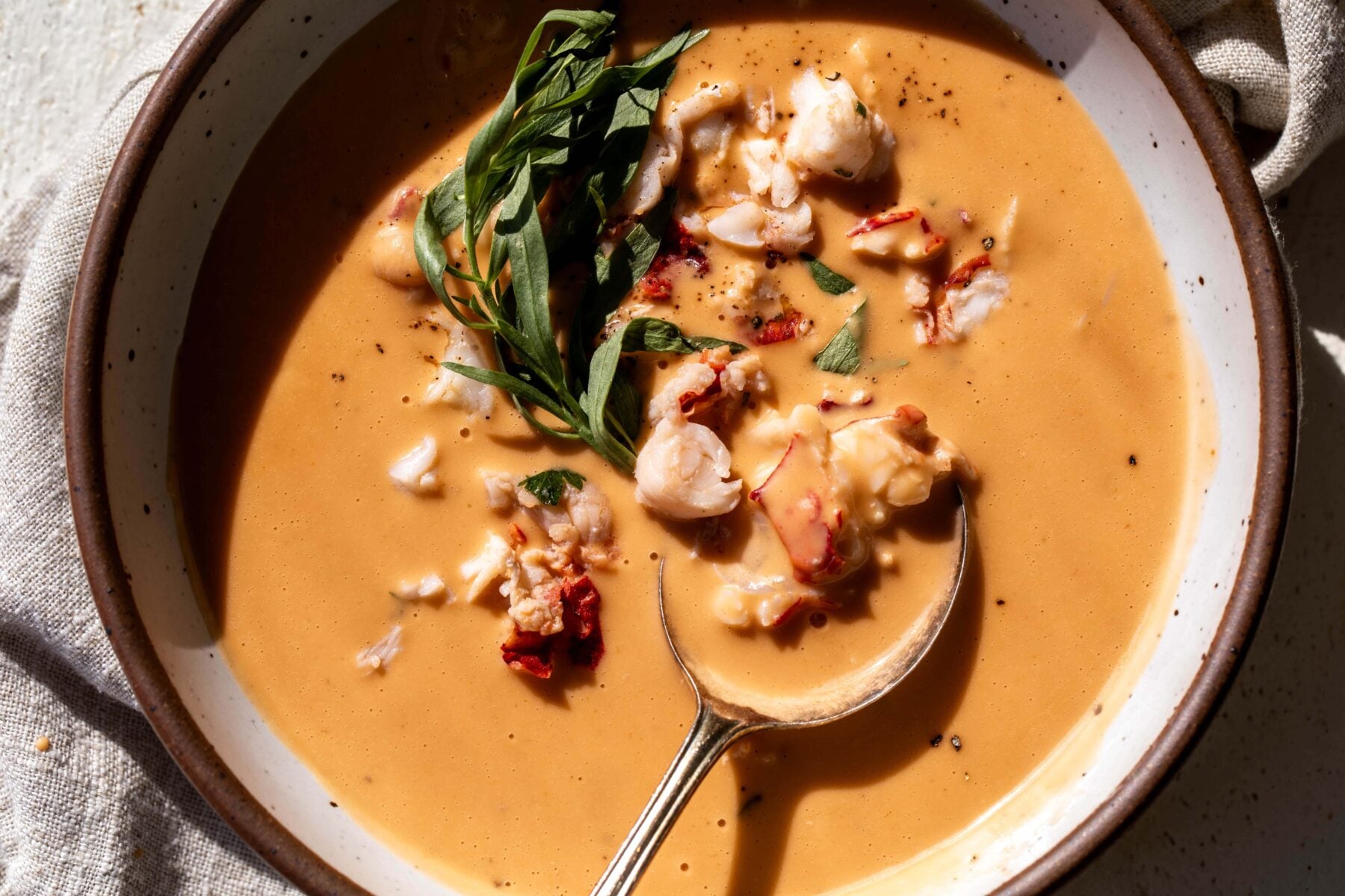 lobster bisque with lobster meat and tarragon garnish in bowl.