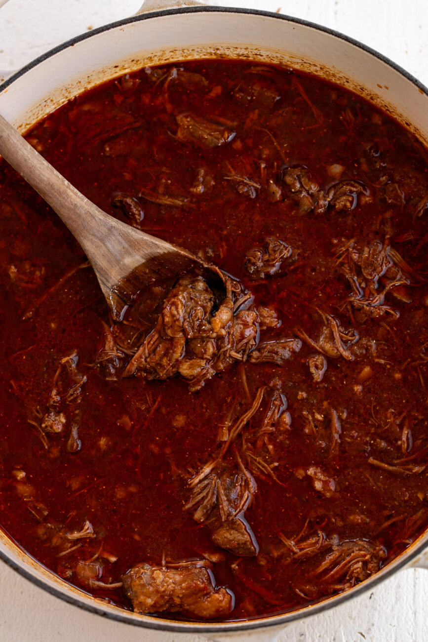 simmered texas-style beef short rib chili shredded and thickened.