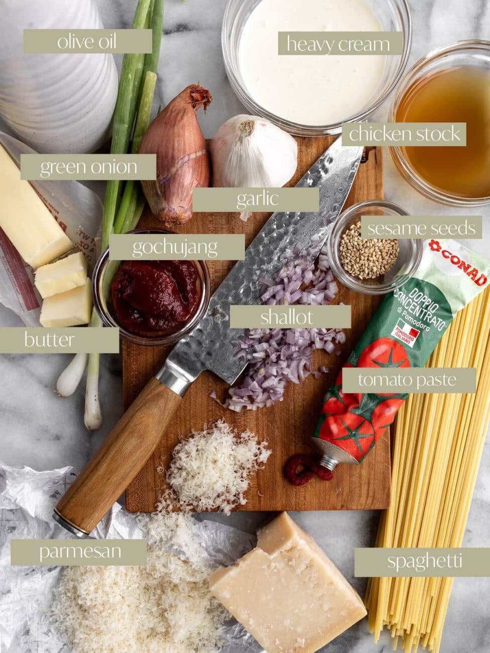 labeled ingredients to make creamy gochujang noodles.