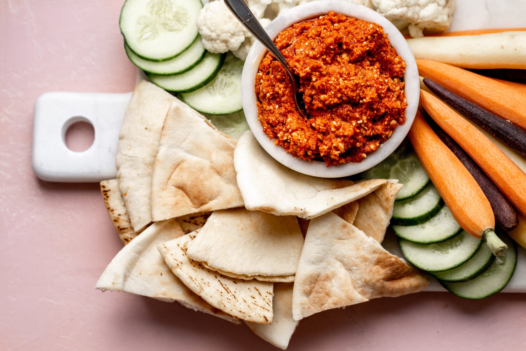 Spicy Feta Dip recipe with crudite and pita.