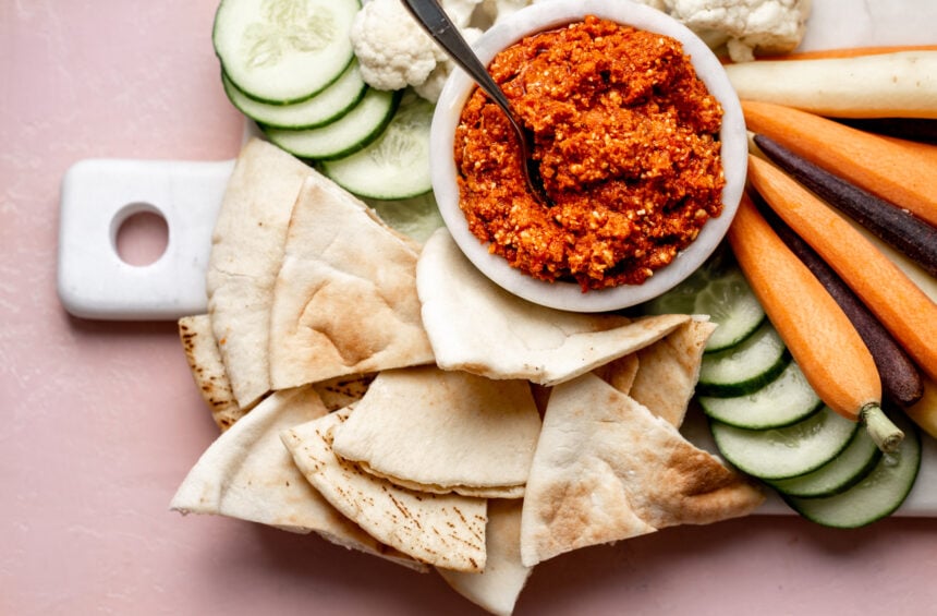 Spicy Feta Dip recipe with crudite and pita.