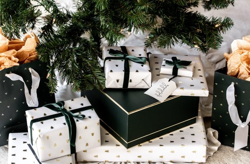 Wrapped presents under christmas tree.