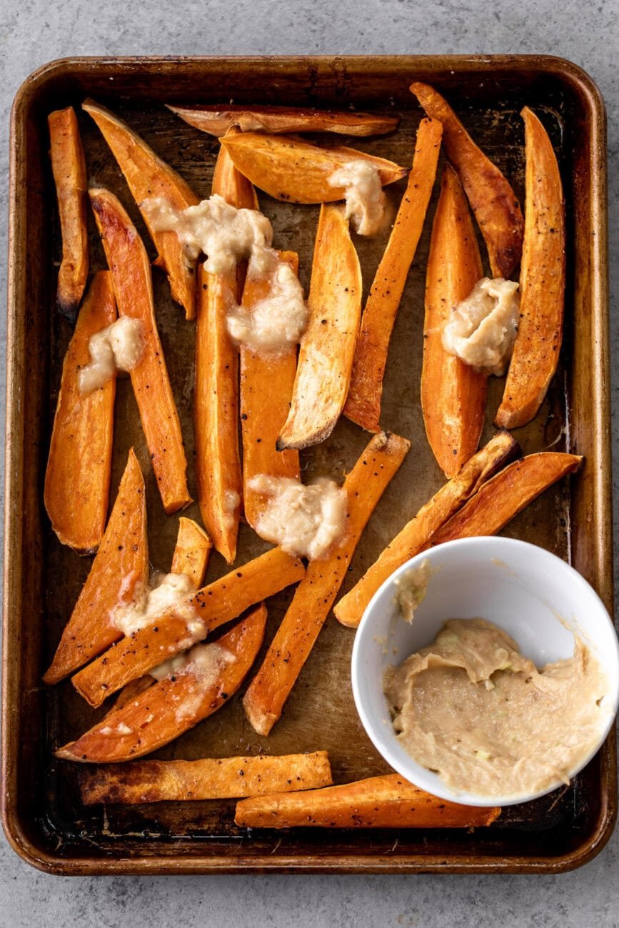 roasted sweet potato wedges with miso butter.