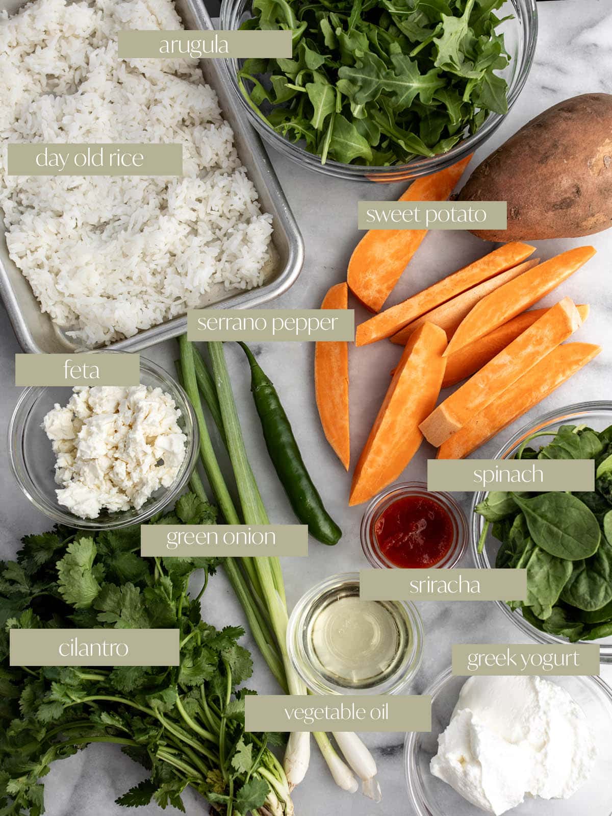 spicy green herbed crispy rice sweet potato bowl labeled ingredient photo.