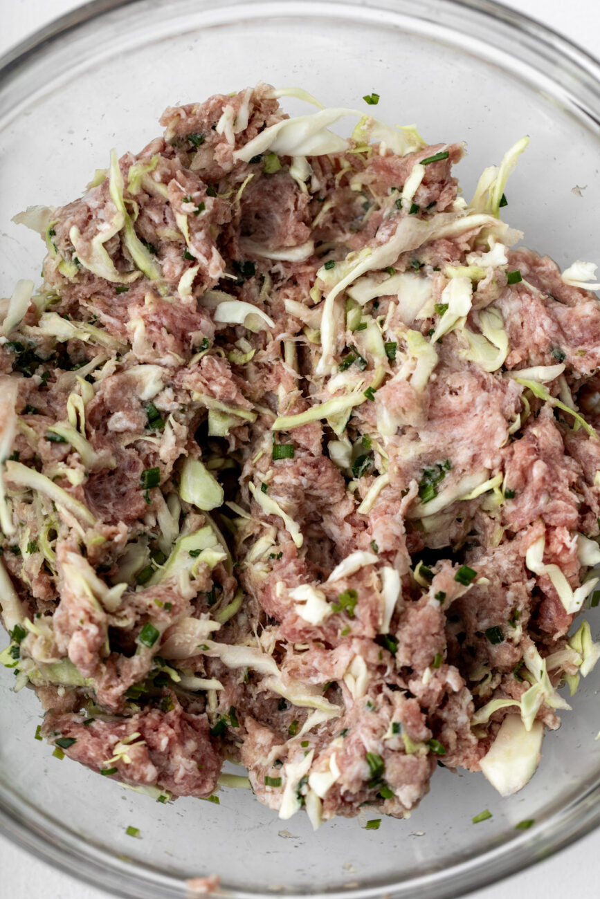mixed ground pork and chive with cabbage filling.