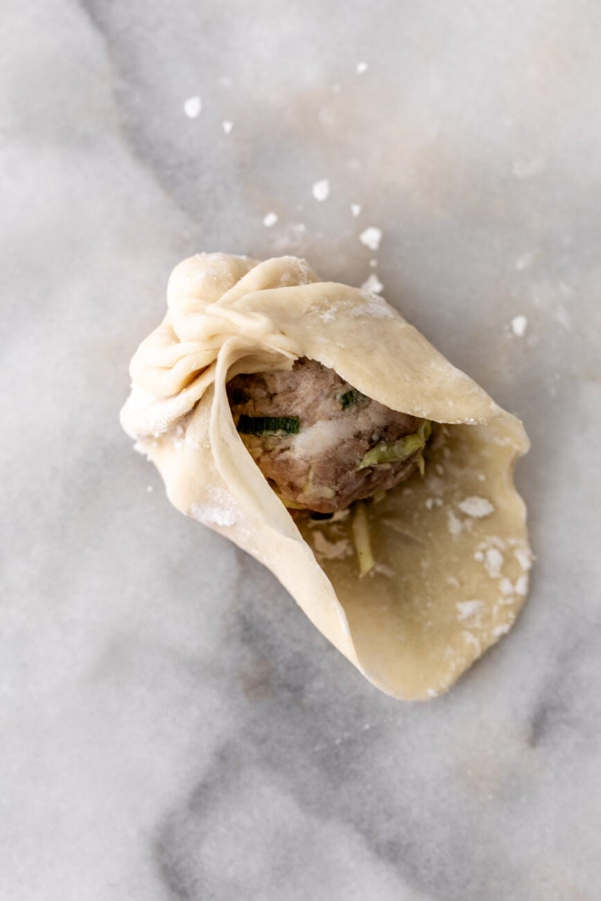 how to fold pork dumplings in pleat pattern.