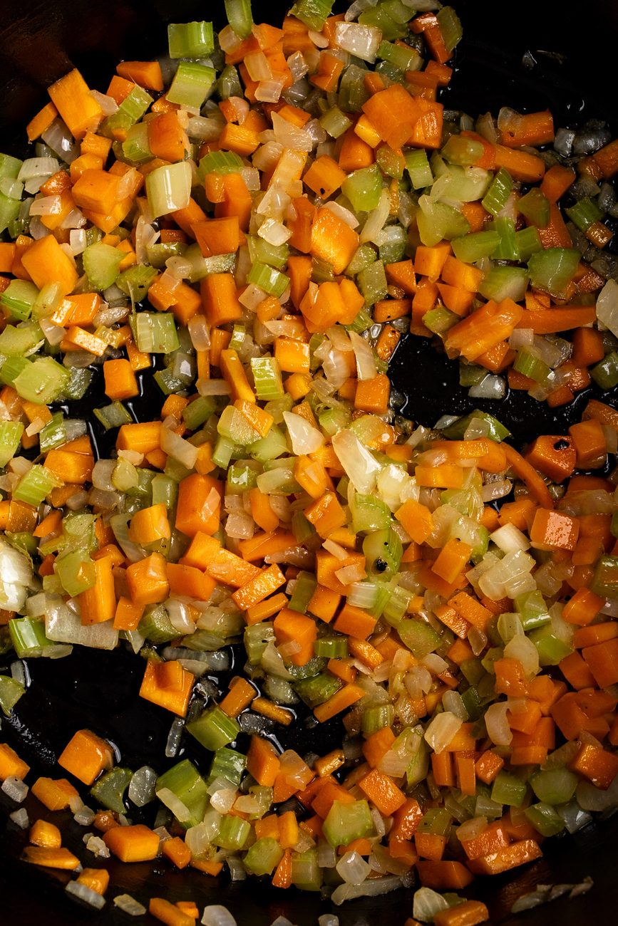 mirepoix sautéed in Dutch oven.