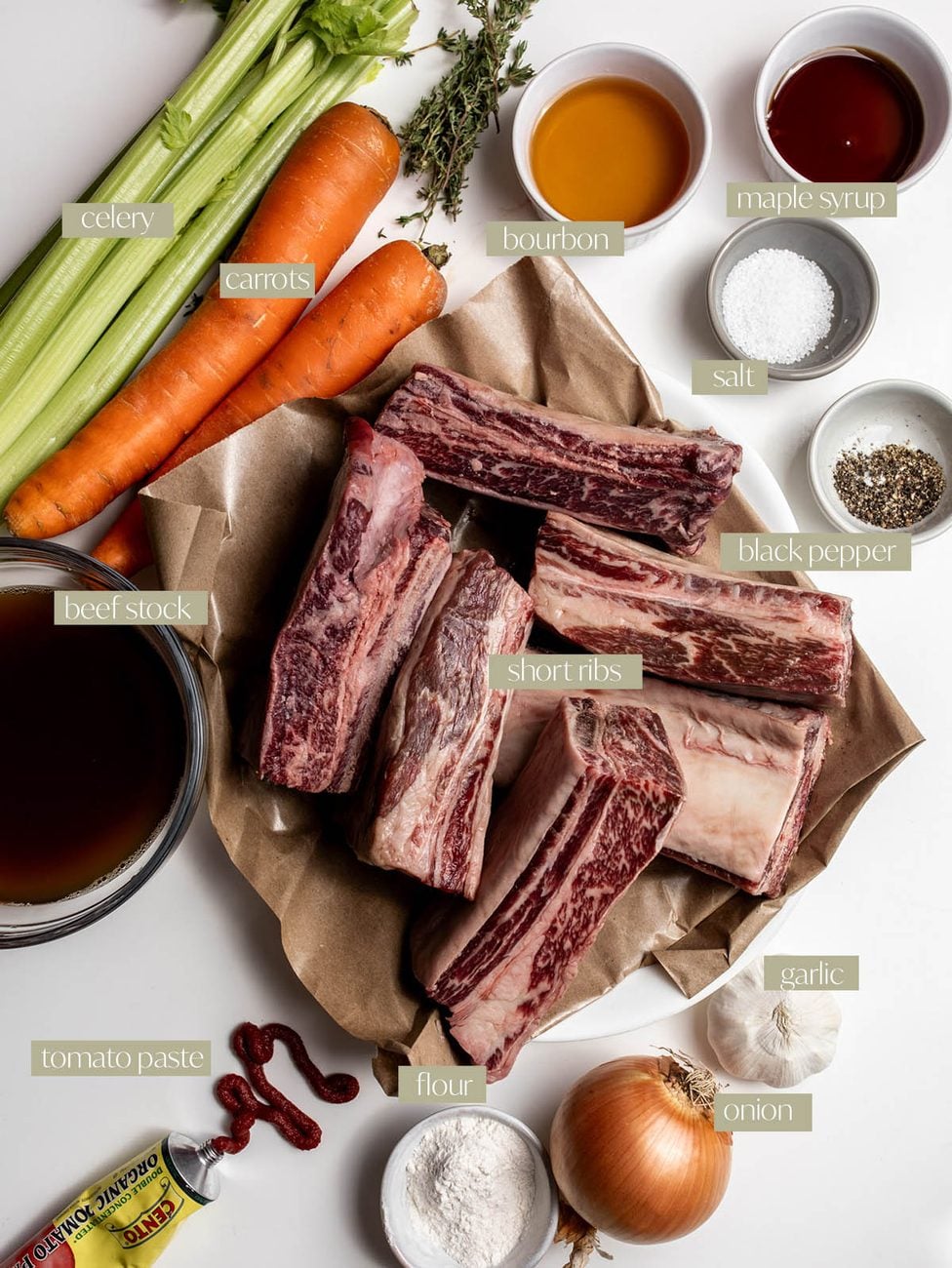 maple bourbon braised short ribs labeled ingredients needed to make recipe.