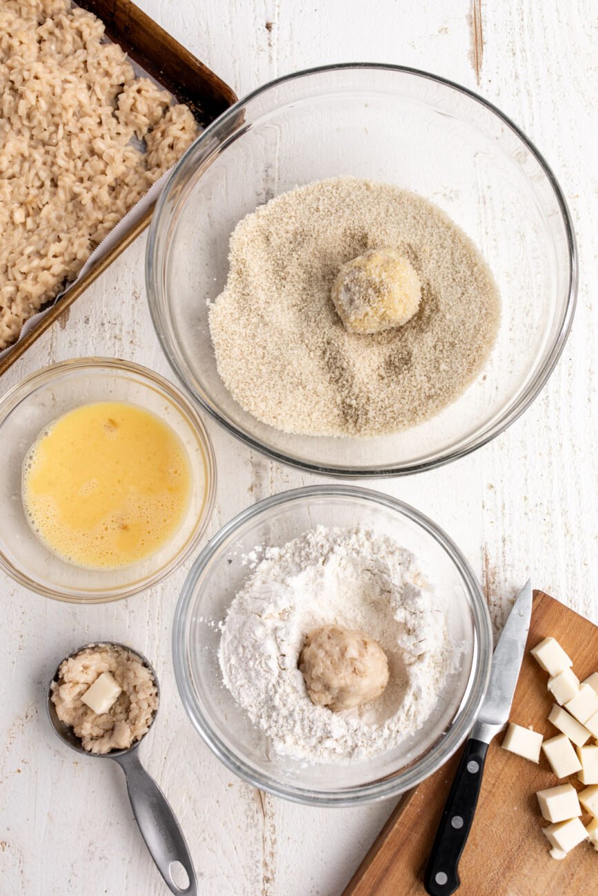 arancini crispy rice ball dredge with panko, egg and flour.