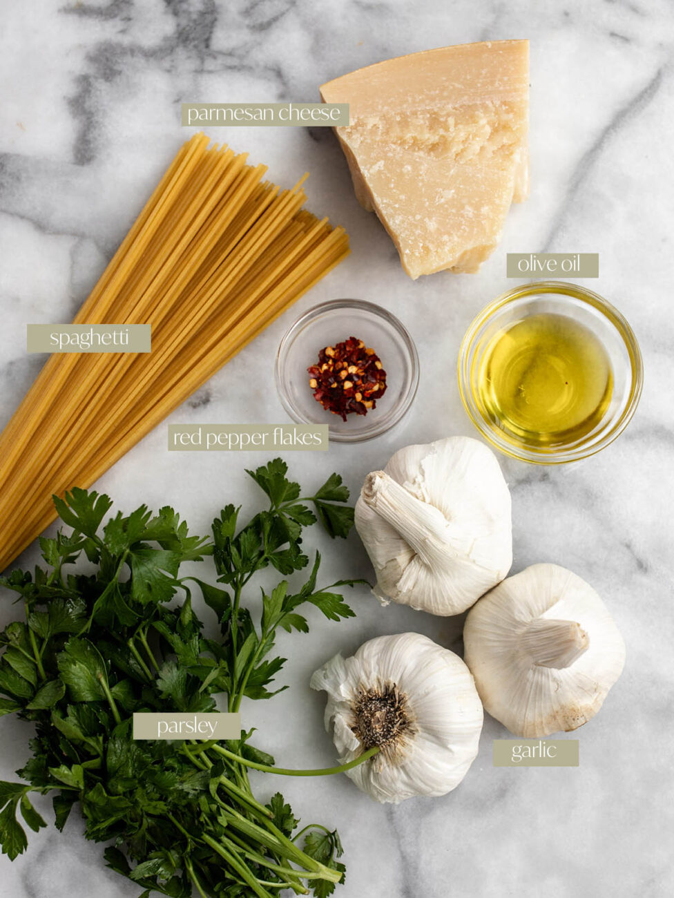 simple roasted garlic pasta labeled ingredient flatlay.
