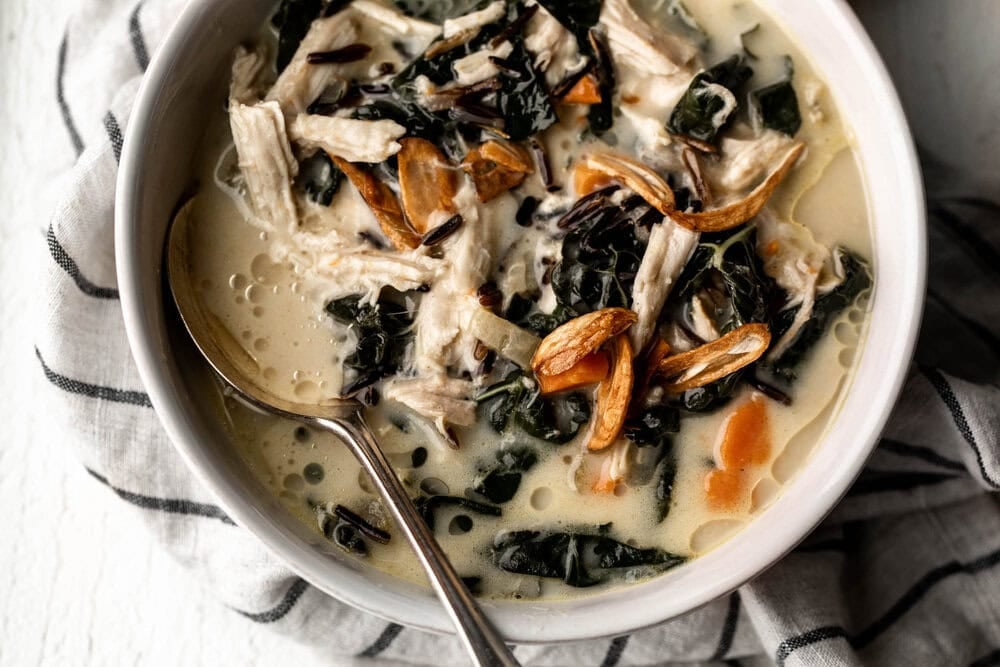 turkey and wild rice soup with garlic oil.