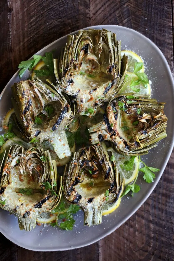 Grilled Artichokes with Lemon Dressing & Pecorino