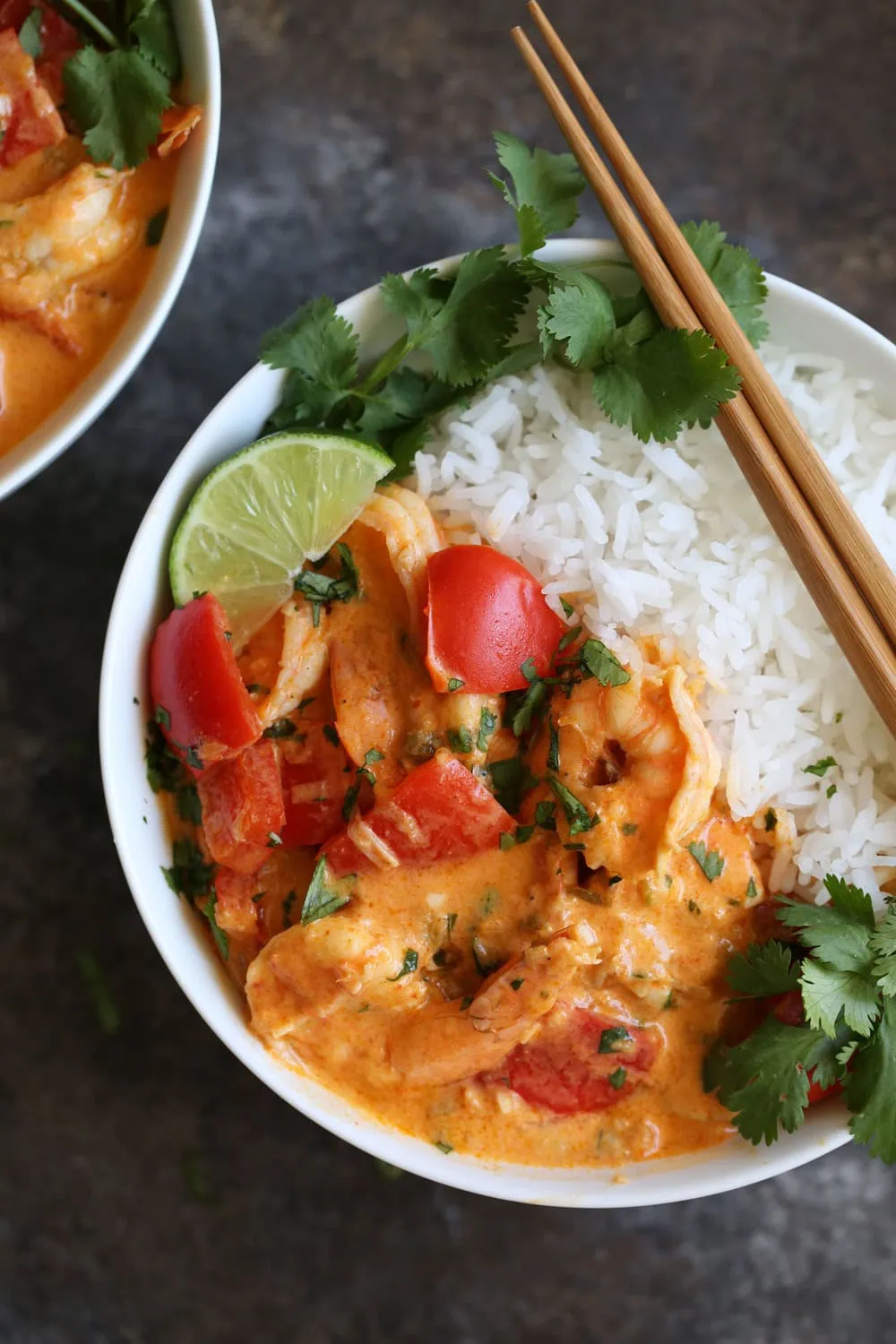 Thai Red Curry Shrimp with red bell peppers over Jasmine Rice