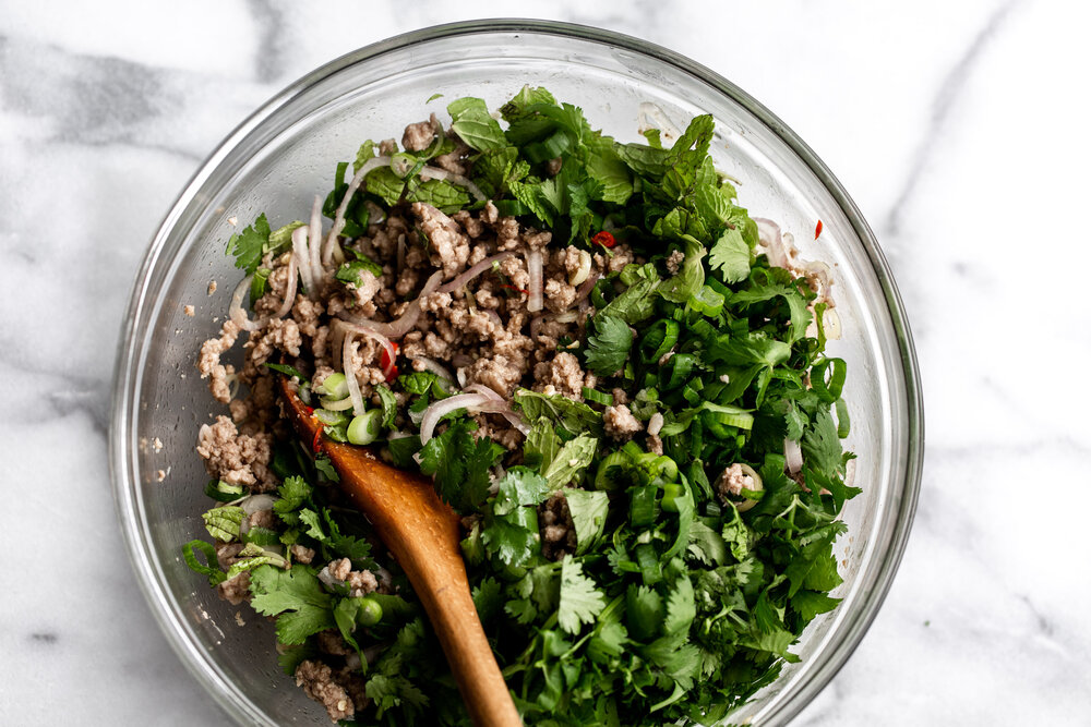 pork larb with chopped herbs