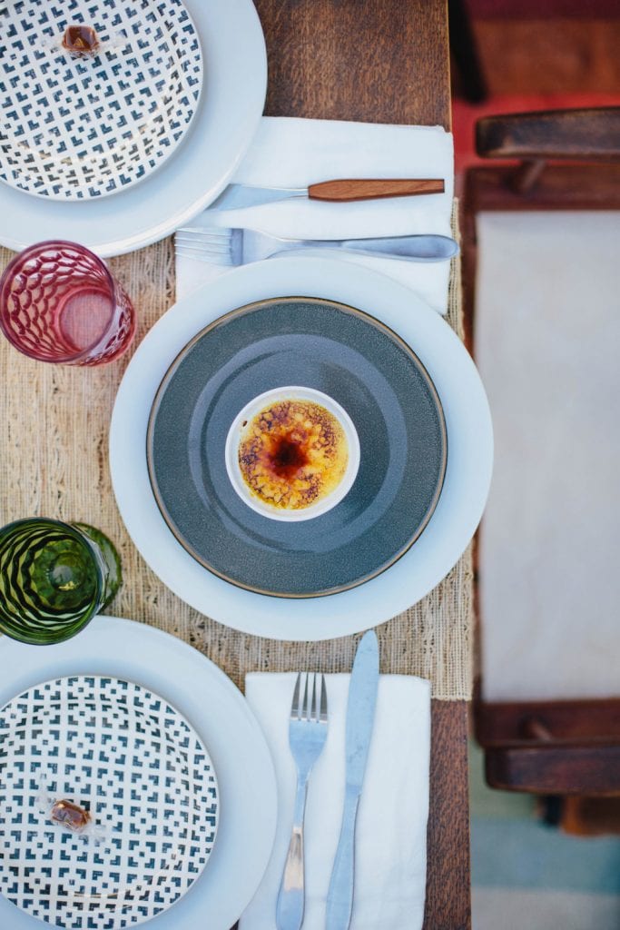 create dinner no. 1 table setting with creme brulee.