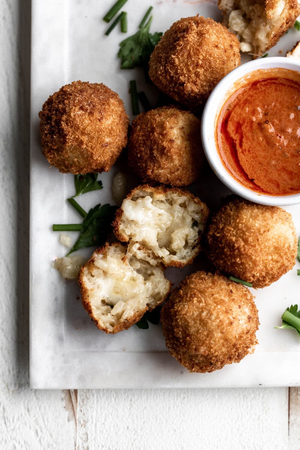 crispy rice arancini with vodka dipping sauce.