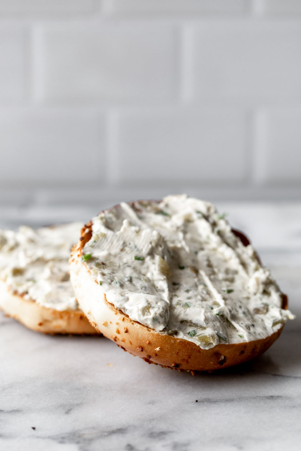 hatch chili cream cheese on toasted bagel