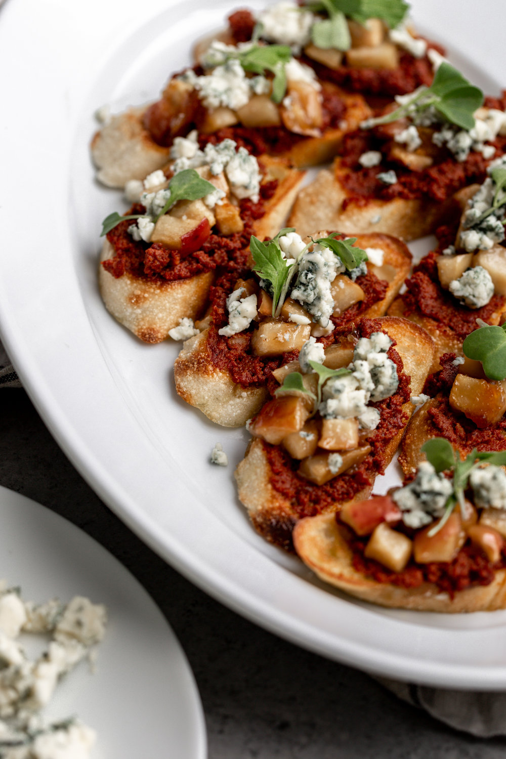 Baked Apple, Blue Cheese and Chorizo Crostini