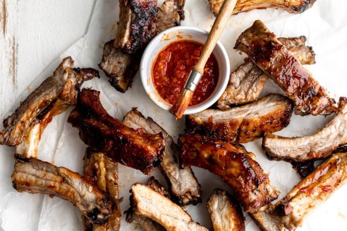 Baked sticky honey harissa pork ribs.