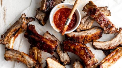 Baked sticky honey harissa pork ribs.