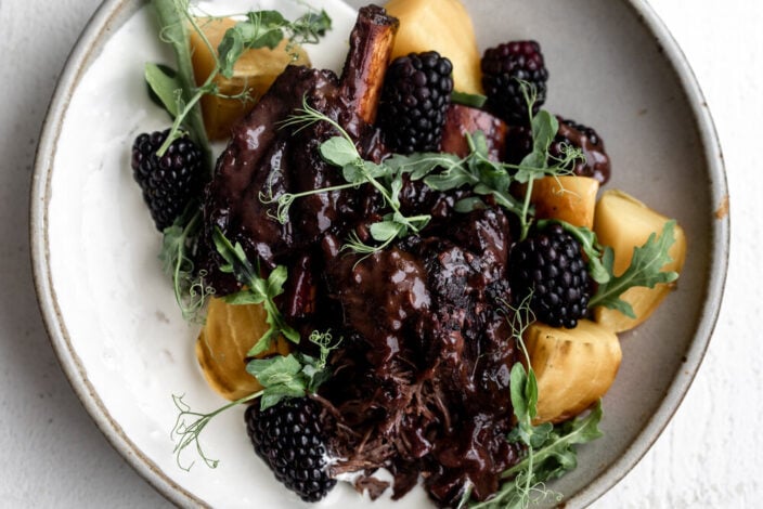 blackberry short ribs with whipped ricotta and roasted beets.