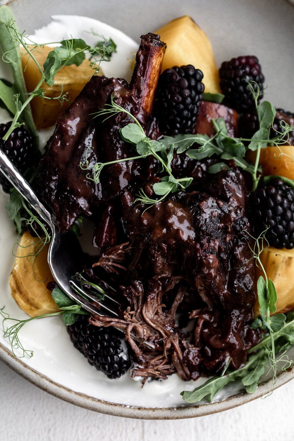 Blackberry Short Ribs with Whipped Ricotta and Roasted Beets recipe