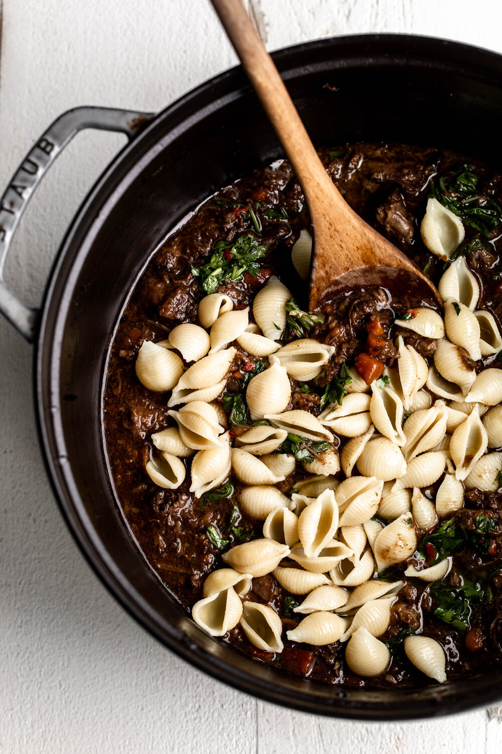 Braised Oxtail Ragu with Chile Gremolata with shell pasta