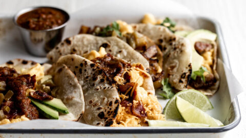 how to make a taco bar with homemade flour tortillas eggs and bacon.