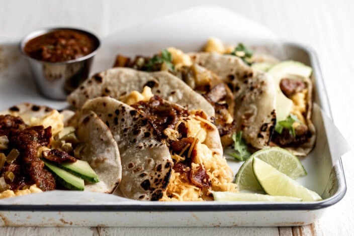 how to make a taco bar with homemade flour tortillas eggs and bacon.