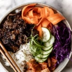 bulgogi beed and rice bowl with cabbage.