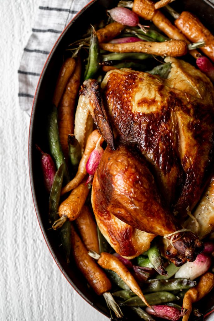 Buttermilk Brined Curry Spiced Roast Chicken with Spring Vegetables