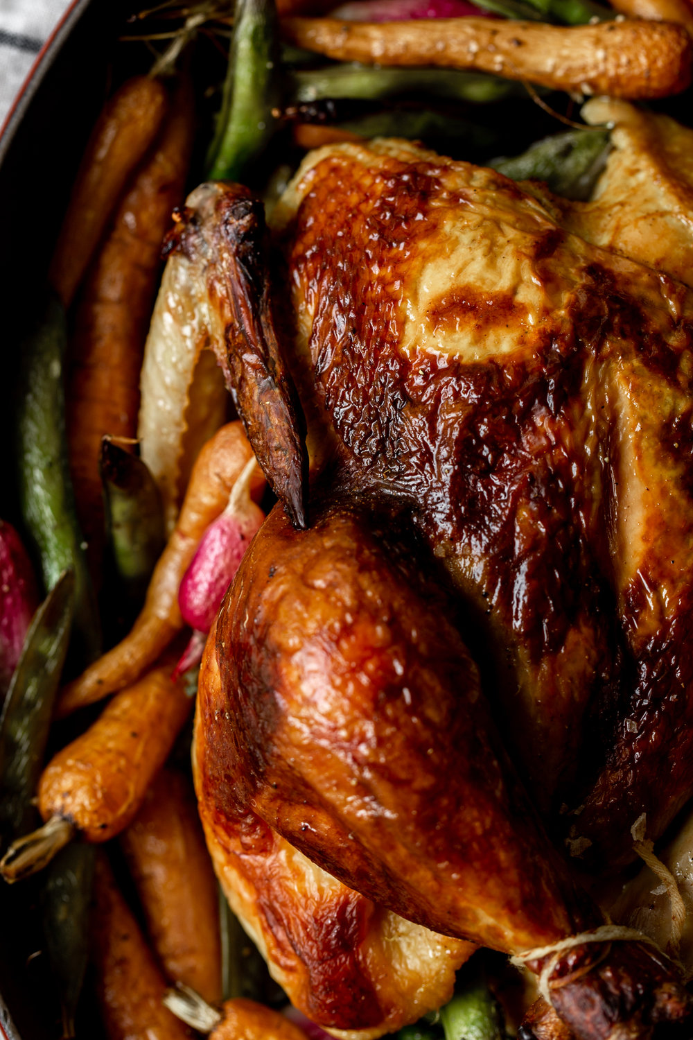 buttermilk-brined curry roast chicken with spring vegetables