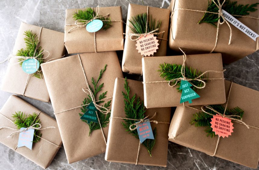 Gift wrapped boxes in butcher paper tied with twine.