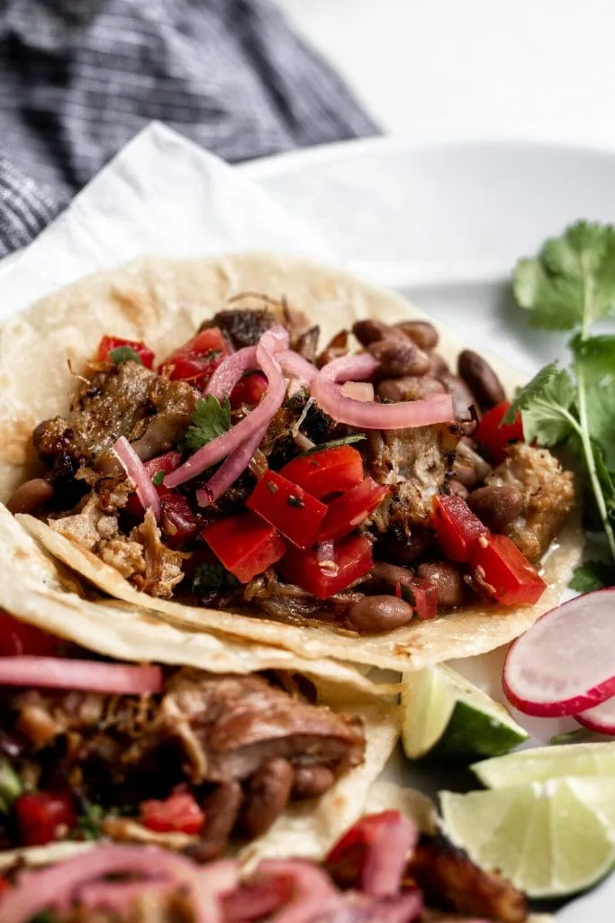 carnitas taco closeup topped with pickled onion and pico de gallo