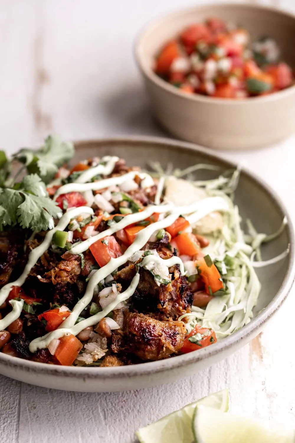 Carnitas Burrito Bowl with Avocado Crema in stone bowl