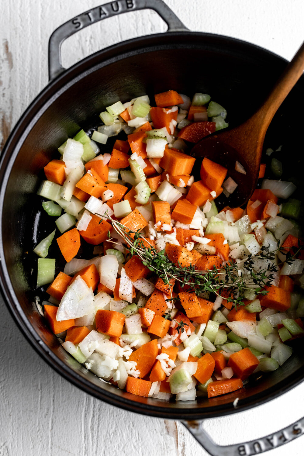 diced carrots celery and onion in pot